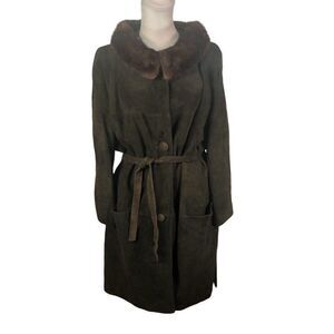 Vtg 60s Dress Coat Green Fur Collar Belt Faux Suede M Retro Mrs Maisel Prop Film